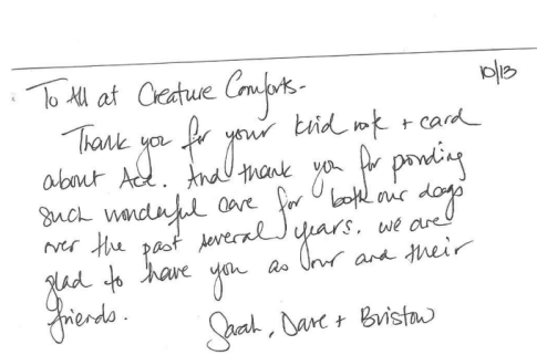 Handwritten Spitz Thank You note.
